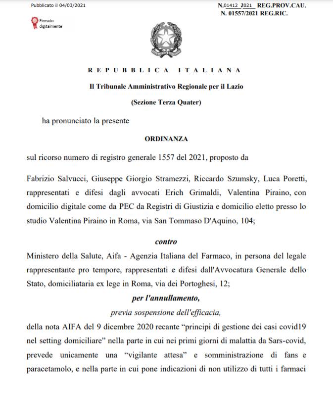 Prima pagina della sentenza integrale del TAR Lazio in merito al protocollo di cura domiciliare stabilito da AIFA