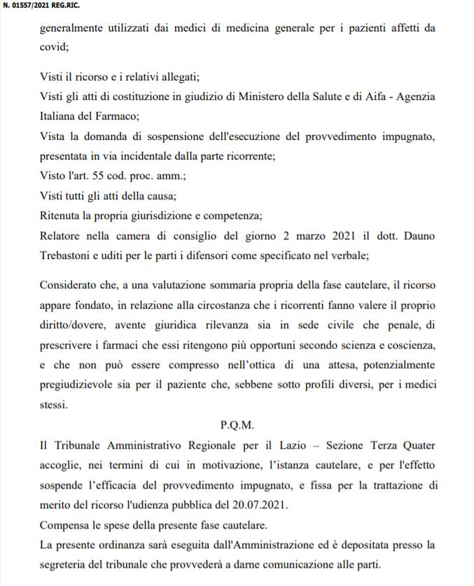 Prima pagina della sentenza integrale del TAR Lazio in merito al protocollo di cura domiciliare stabilito da AIFA