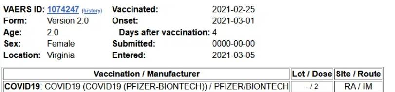 VAERS 2 years old