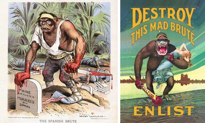 Cartellone di propaganda americana della prima guerra mondiale contro spagnoli e tedeschi
