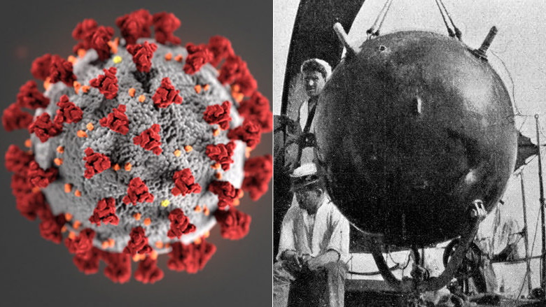 Comune raffigurazione del coronavirus Sars-Cov-2 | Foto di una mina navale della Seconda Guerra Mondiale.