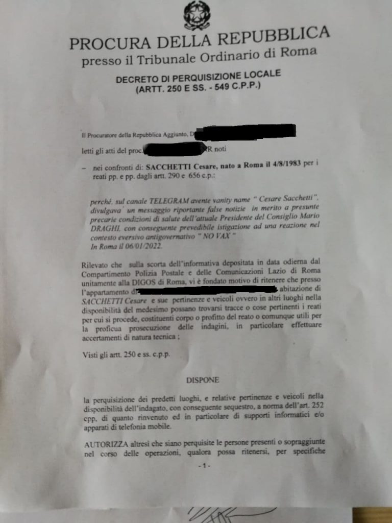 Il mandato di perquisizione contro Sacchetti