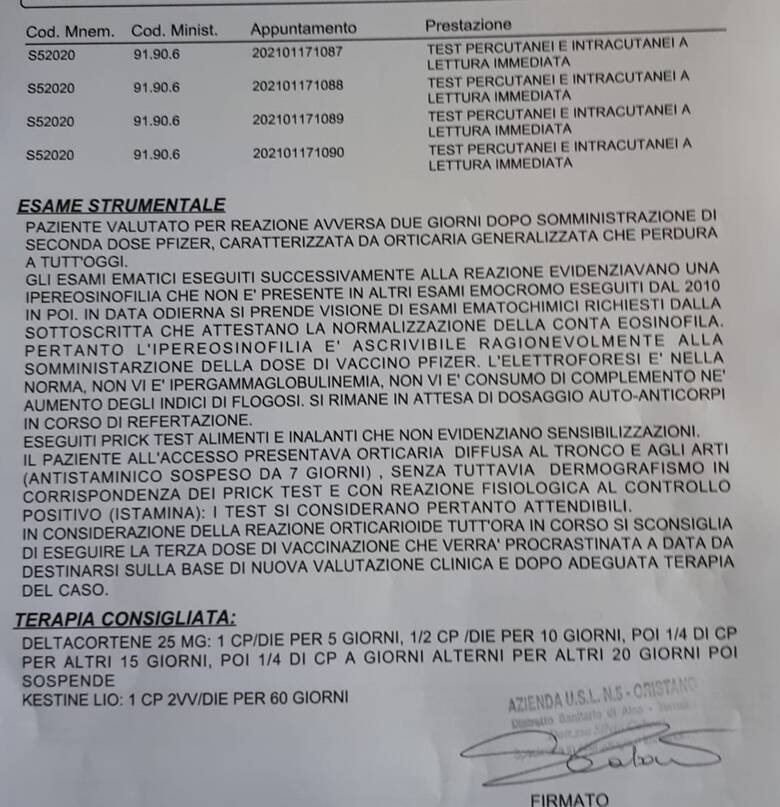 Il certificato rilasciato dall'allergologa