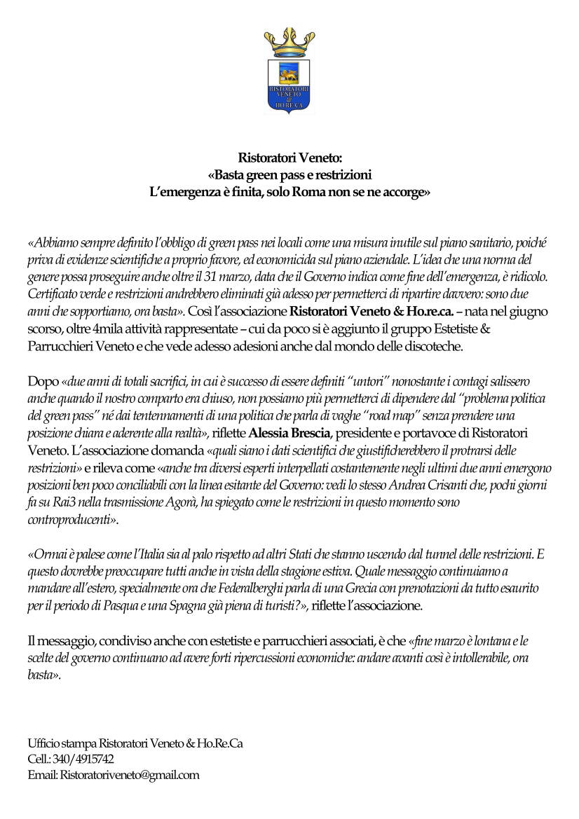 RISTORATORI VENETO EMERGENZA FINITA, ORA BASTA