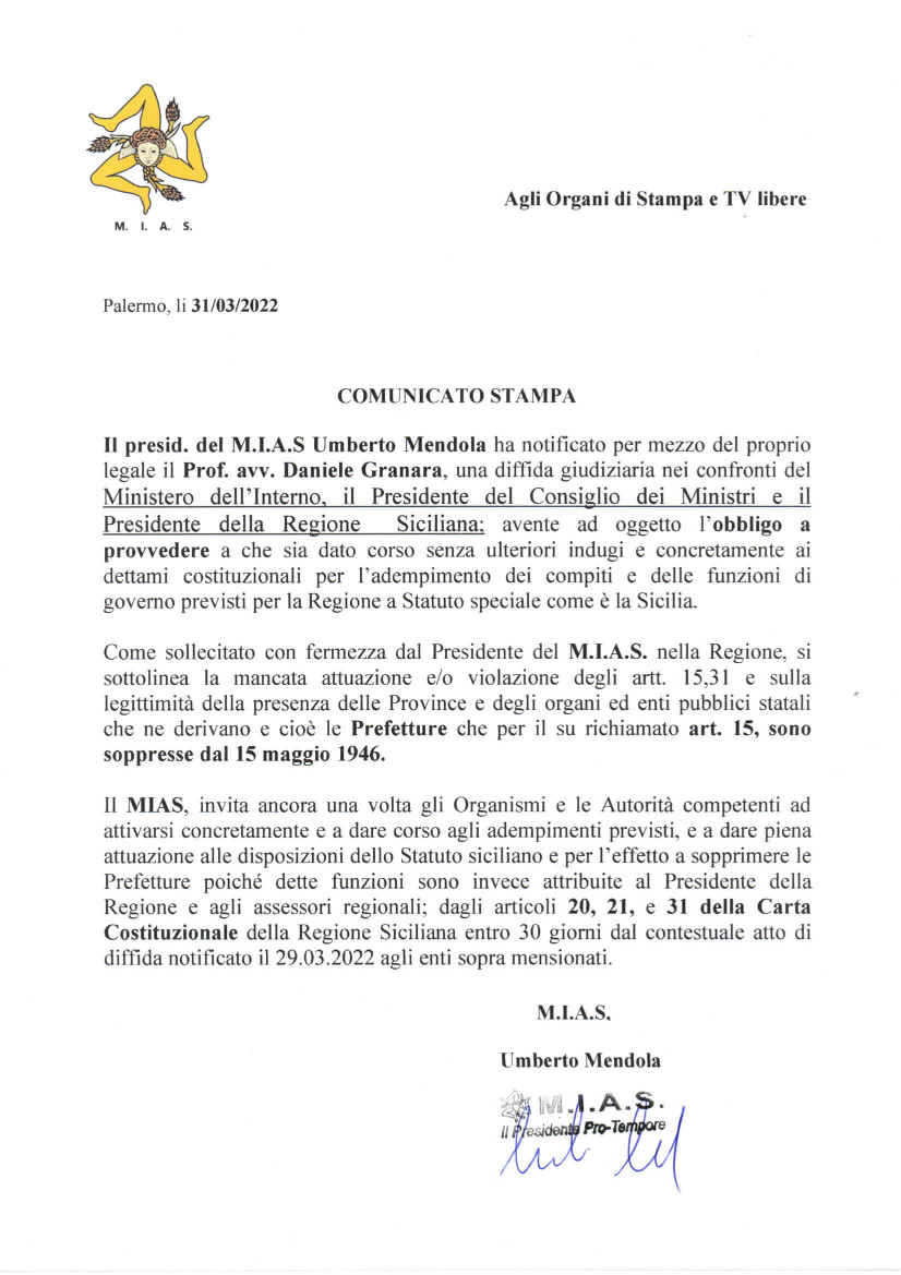 COMUNICATO STAMPA DIFFIDA PREFETTURE SICILIANE