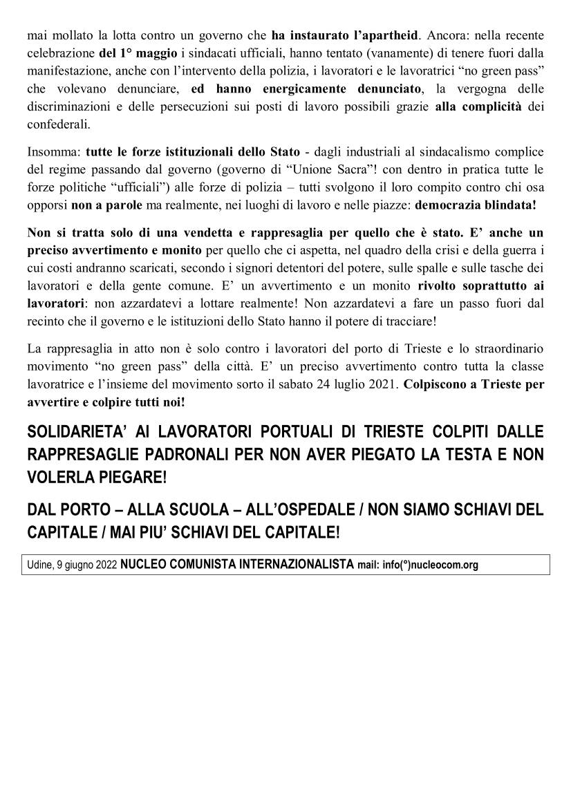 Comunicato del Nucleo Comunista Internazionalista