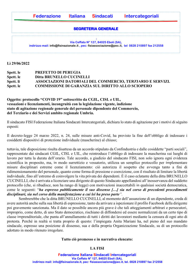 FISI stato di agitazione Umbria
