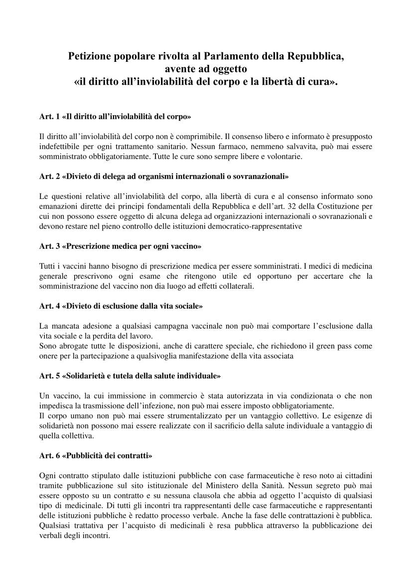 Petizione popolare il diritto all'inviolabilità del corpo e la libertà di cura