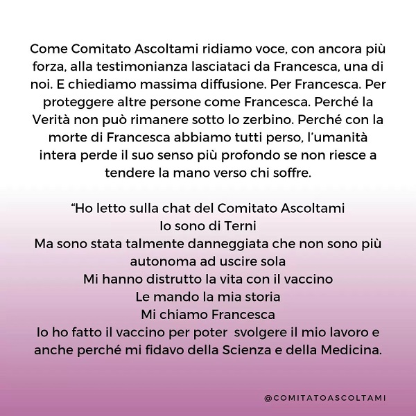 Francesca è morta: troppa sofferenza per i danni da vaccino anti-Covid