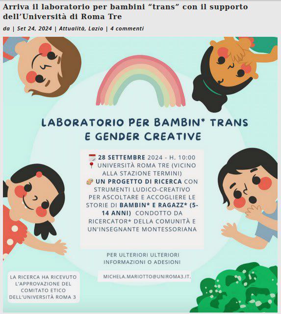 Università Roma Tre avvia laboratorio gender sui minori in un "luogo segreto". Associazioni chiedono chiarezza