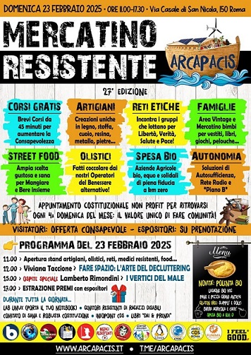 DOMENICA 23 FEBBRAIO: A ROMA NUOVO APPUNTAMENTO COL MERCATINO RESISTENTE ARCAPACIS DOMENICA 23 FEBBRAIO: A ROMA NUOVO APPUNTAMENTO COL MERCATINO RESISTENTE ARCAPACIS