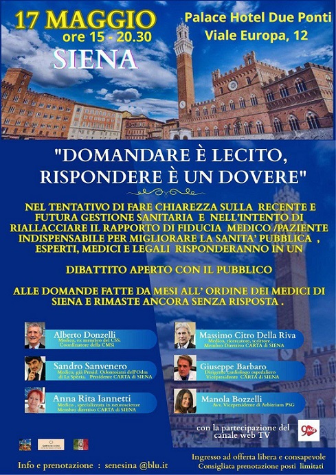 "Domandare è lecito, rispondere è un dovere". Sanità pubblica: medici, giuristi ed esperti incontrano e dibattono con la cittadinanza