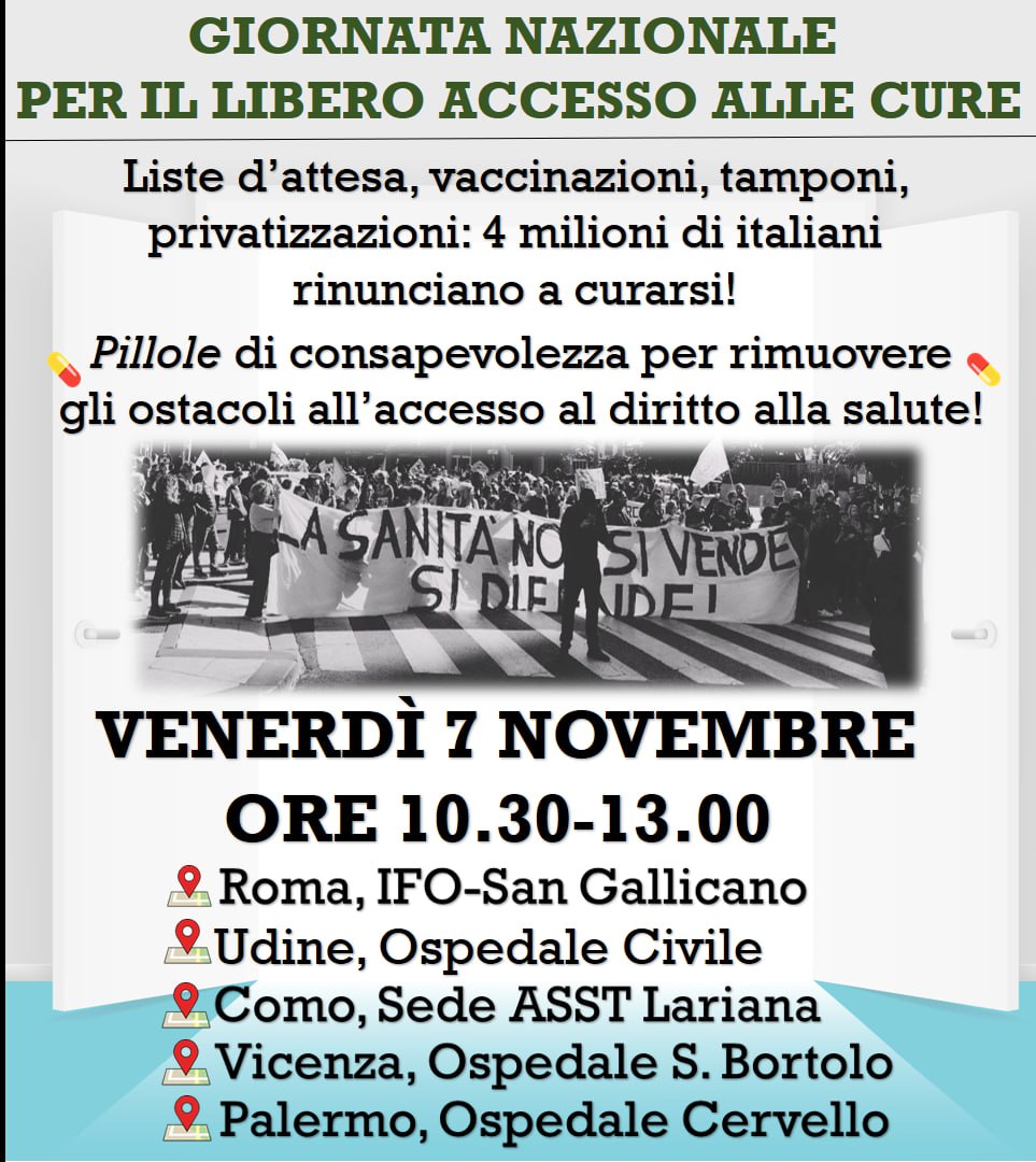 Venerdì 7 novembre: giornata nazionale per il libero accesso alle cure a Roma, Como, Udine, Vicenza e Palermo