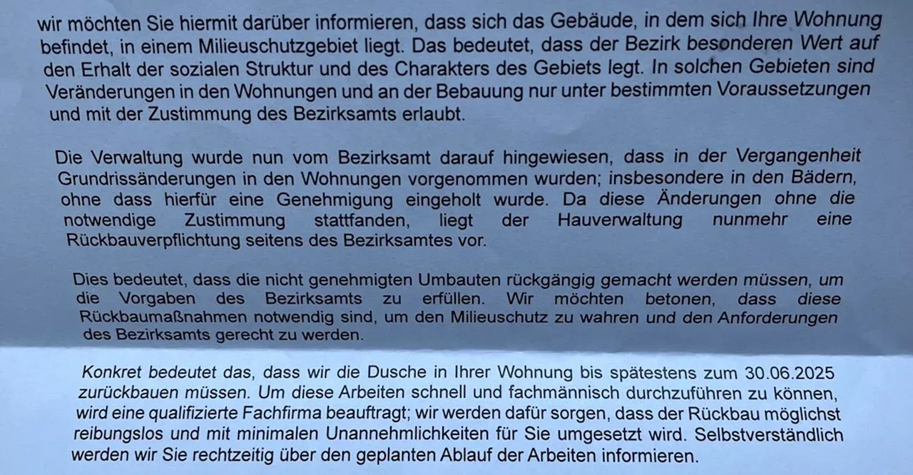 Diesen Brief bekam Kasper von der Hausverwaltung. Die hatte vom Amt die Auflage bekommen, die Dusche entfernen zu lassen