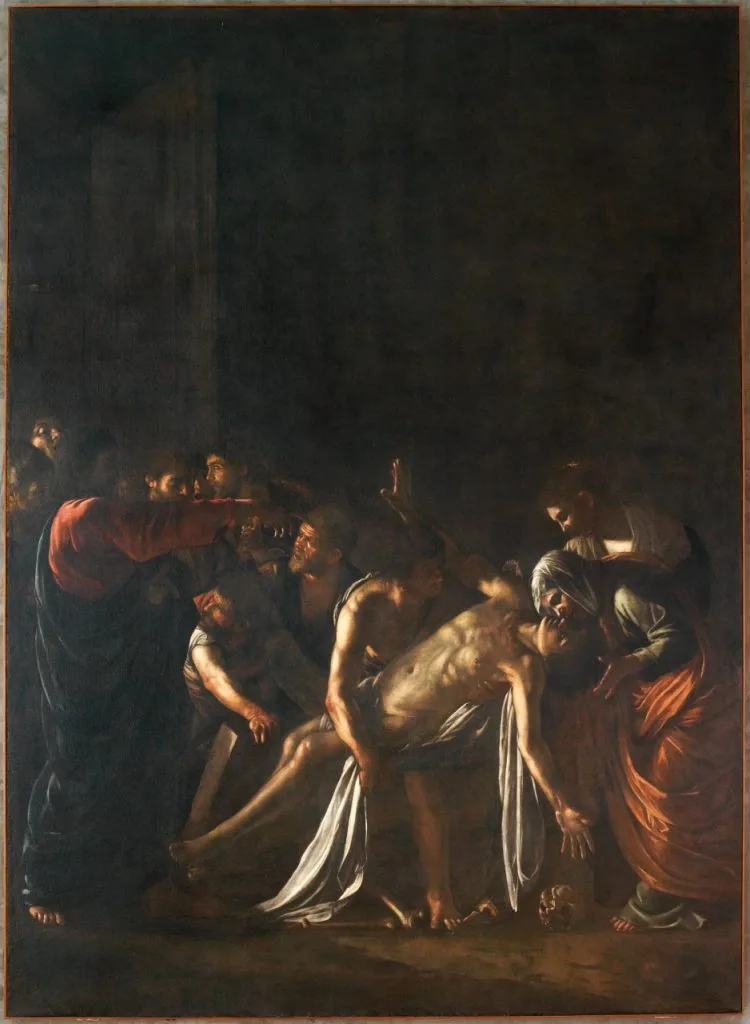 Michelangelo Merisi da Caravaggio, Resurrezione di Lazzaro, olio su tela, cm 380×275, 1609. Museo Regionale di Messina (Sicilia). La tela fu commissionata dal mercante genovese Giovan Battista de Lazzari per la chiesa dei Padri Crociferi di Messina. La co