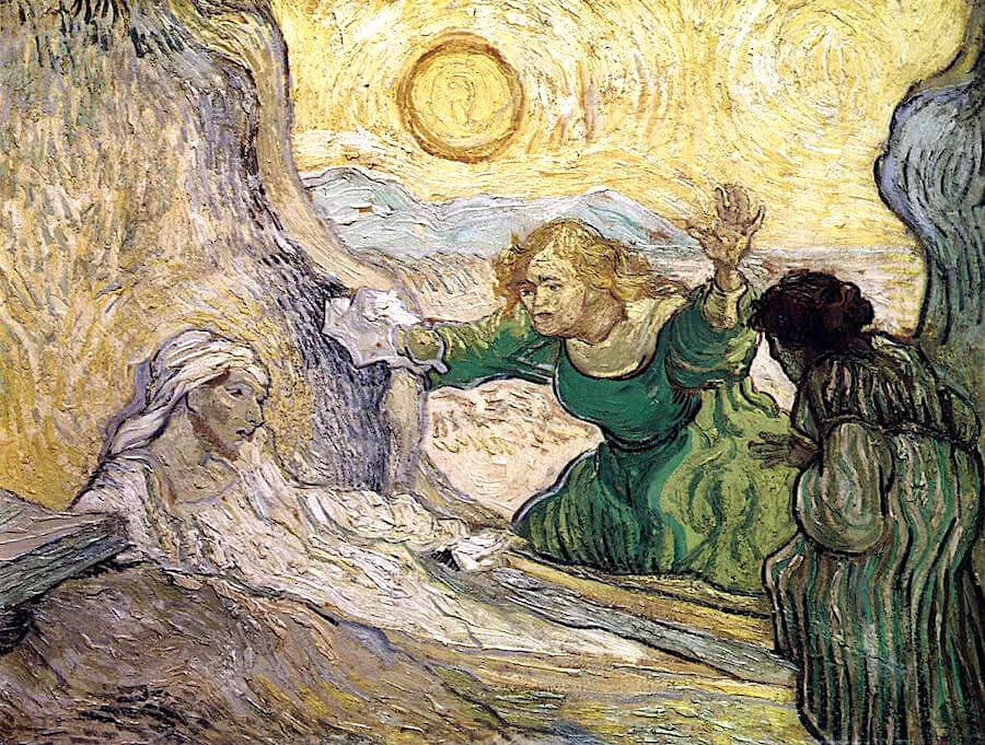 Vincent van Gogh, Resurrezione di Lazzaro (da Rembrandt), olio su tela, 1890. Van Gogh Museum, Amsterdam. Cristo è assente: il sole giallo che sorge è il nuovo motore della resurrezione. Lazzaro ha la barba rossa di Vincent